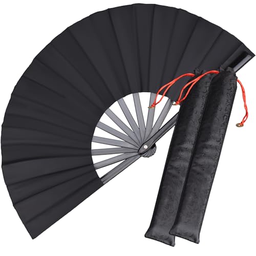 2 Pack Large Folding Hand Fan,Black Chinese Kung Fu Tai Chi Fan Nylon-Cloth Fans for Men and Women Performance,Dance,Decorations,Festival,Gift (Black) - color: Black