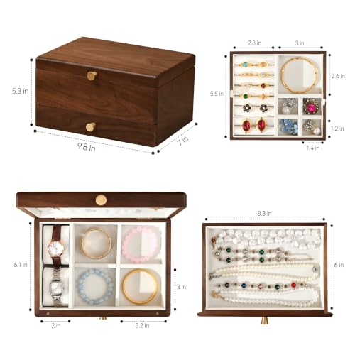 Black Walnut Wooden Jewelry Box for Women, 3 Layer Organizer with Drawer - color: 3 Layer