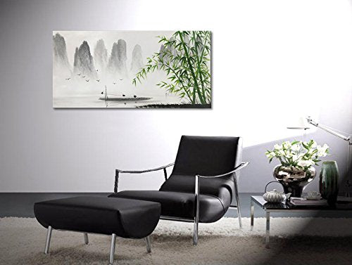 Winpeak Art Traditional Chinese Painting Black and White Landscape Canvas Wall Art Bamboo Artwork - size: 48"L x 24"W