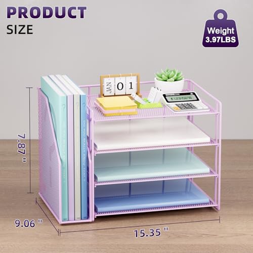 Marbrasse 4-Tier Paper Tray Organizer with File Holder, Purple - color: Purple