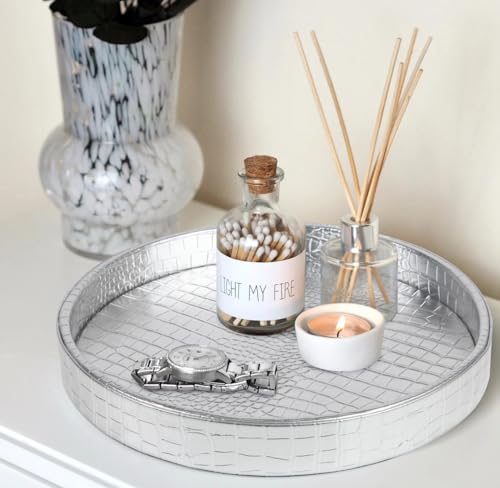 HofferRuffer Faux Leather Round Serving Tray, Vegan Croco Leather Decorative Tray, Food Tray for Storage Drinks, Snack & Cosmetics, Dia.12'' x 1.6'' (Silver) - color: Silver, size: 12"
