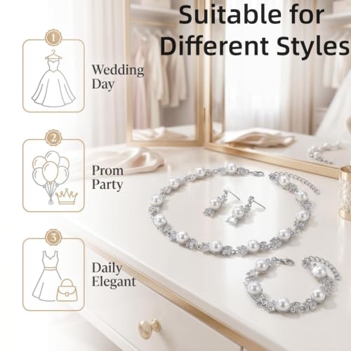 Pearl Bride Wedding Jewelry Set Faux Pearls Crystal Rhinestone Necklace Earrings Bracelet Sets for Women Bridesmaid(3 PCS) - color: Silver-Fake Pearl Style 1