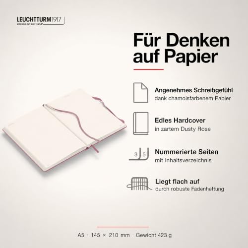 LEUCHTTURM1917 - Notebook Hardcover Medium A5-251 Numbered Pages for Writing and Journaling - Thinking Ahead (Ruled Paper, Dusty Rose) - color: Dusty Rose, style: Ruled
