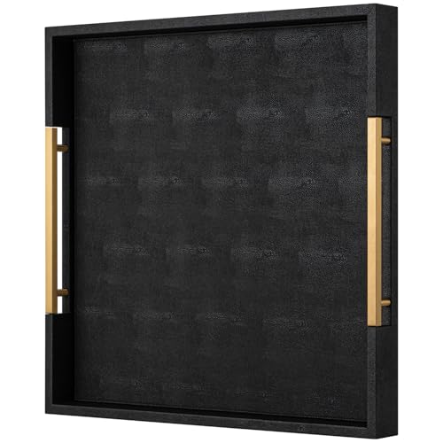 Black Faux Leather Decorative Serving Tray with Handles – Large Square for Coffee Table, Ottoman, Living Room & Bathroom Home Decor - color: Black, size: 20" x 20" x 2"