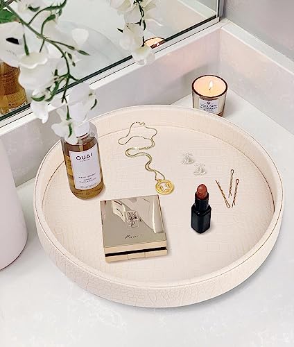 HofferRuffer Faux Leather Round Serving Tray, Vegan Croco Leather Decorative Tray, Food Tray for Storage Drinks, Snack & Cosmetics, Dia.12'' x 1.6'' (CreamWhite/Tiny Yellow) - color: Creamwhite / Tiny Yellow, size: 12"