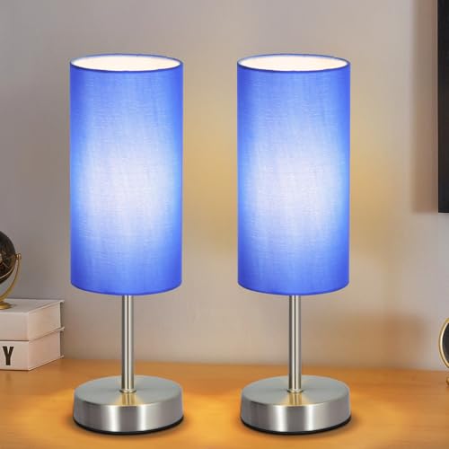 RISLG 2 Pack Small Table Lamps for Bedroom, Bedside Lamps for Nightstand with Wire Switch, Minimalist Modern Desk Lamps with Linen Fabric Shade for Kids Room Living Room Office Dorm, Bulb Included - color: 2 Pack Blue-Silver, size: 13in