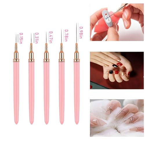 5Pcs Metallic Nail Art Liner Brush Set, UV Gel Polish Painting Tools for Long Lines, Thin Details, Fine Drawing, Sizes 4/8/12/20/25mm (Pink) - color: Pink