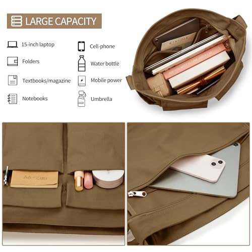 KALIDI Canvas Tote Bag Zipper Large Crossbody Shoulder Bag Messenger Bag - color: Upgraded Brown