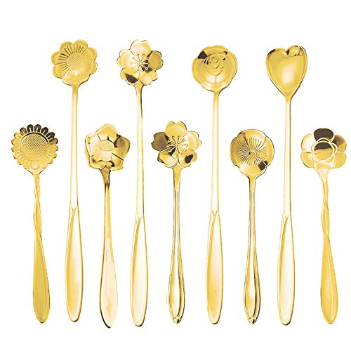 9 Pcs Flower Spoon Coffee Teaspoon, ESRISE Stainless Steel Tea Spoon(Gold) - color: Gold