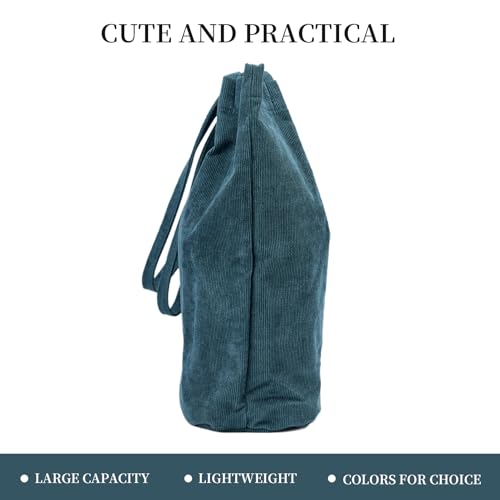 Corduroy Tote Bag Cute Tote Bags for Women Shoulder Bag with Inner Pocket for Work Beach Travel and Shopping Grocery - style: Blue-green