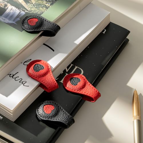 Ovesmusl 2Pcs PU Leather Heart Magnetic Bookmarks with Pen Holder - style: Heart (Red+Black)