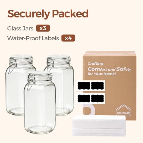 ComSaf Large Square Glass Jars with Airtight Lids 78 oz 3 Pack Wide Mouth - size: 78 fl oz x 3
