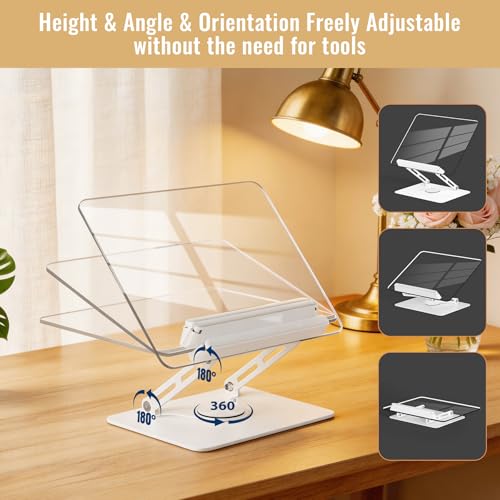 HAUTOCO Adjustable Acrylic Book Stand for Reading, 360° Rotating Base, Foldable Desktop Book Holder with Elastic Page Clips, Hands-Free Cookbook Stand for Laptop, Tablet, Recipe, Textbook, Music Score - color: White
