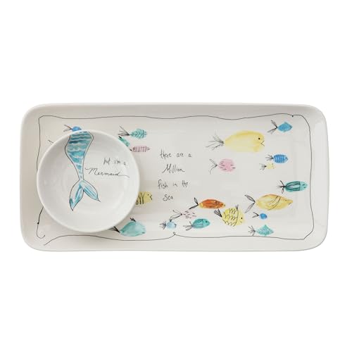 Creative Co-Op Coastal Stoneware Serving Platter and Dip Dish with Mermaid and Sea Life Illustrations, Multicolor - size: 11-3/4"L x 5-3/4"W