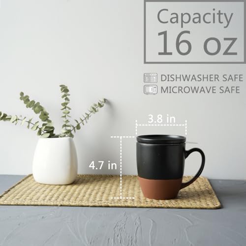 Bosmarlin Ceramic Tea Cup with Infuser and Lid, 16 Oz, Steeping Tea Mug with Strainer, Dishwasher and Microwave Safe (Black) - color: Black
