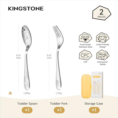 KINGSTONE 2 Pcs Toddler Utensils with Case, Stainless Steel, Honey Bear - color: Honey Bear, size: 2-Piece (Small)