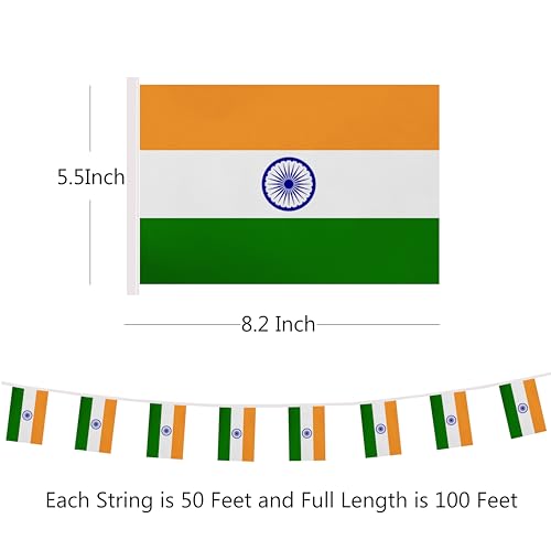 100 Feet India String Flag, 76 Pcs Indian Banner Flag, Small Mini World Banner Flags for Sports Events, Bars Decorations, School Festivals, Party Decorations, Celebrations (India) - color: India