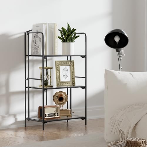 Crofy 3-Tier Foldable Bookshelf, Black Frame & Transparent Shelves - color: Black Frame & Transparent Shelf, size: 3 Tier