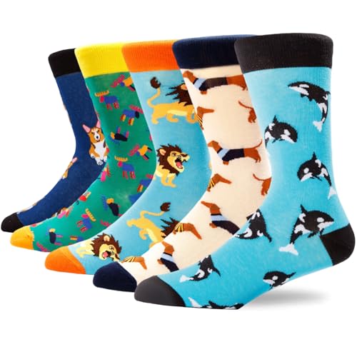 Colorful Funny Novelty Dress Socks for Men Women Teens Fathers Day Casual Fun Crazy Funky Graphic Crew Socks - color: 5 Pairs - Animals Style - Corgi Dachshund Orca Lion Colorful Moose Patterns Socks, size: 6-12