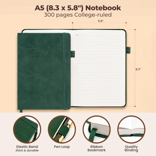 A5 Leather Bound Journal Green 5.8x8.3" Lined Notebook 300 Pages - color: Green, size: A5 300 Pages