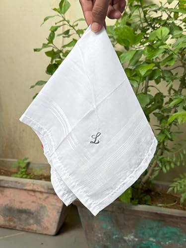 Monogrammed Handkerchiefs for Men 3-Pack Cotton, White Hankies - color: L