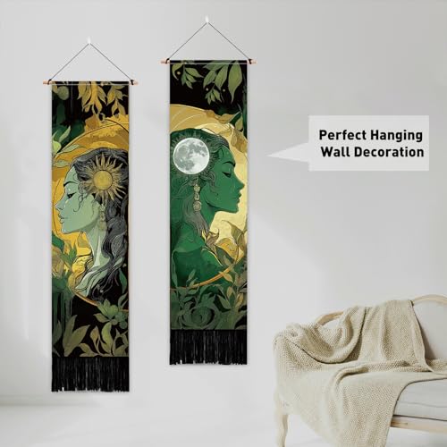 PLIGREAT 2 Pack Sun Moon Tapestry with Tassels, Aesthetic Goddess Art Wall Hanging Vertical Green Plants Home Wall Tapestry for Bedroom Living Room Long Narrow Decor, 52" x 13" - color: green,yellow