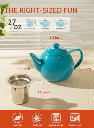 Sweese Teapot, Porcelain Tea Pot with Stainless Steel Infuser, Blooming & Loose Leaf Teapot - 27ounce, Steel Blue - color: Steel blue, size: 27oz (with infuser)