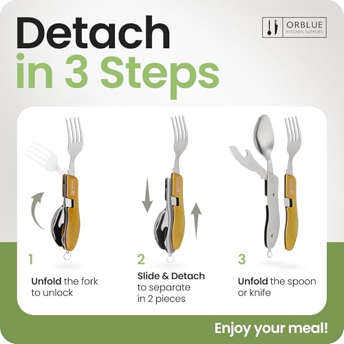 Orblue 4-in-1 Camping Eating Utensils, 2-Pack - Portable Spoon, Fork, Knife & Bottle Opener Combo Set - Stainless Steel Flatware with Detachable Fork - Travel, Backpacking Cutlery Multitool, Yellow - color: 2-PACK Mustard Yellow