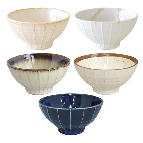 Set of 5 Japanese Ceramic Striped Ichichin Rice Bowls, Deep Soup & Eating Bowls with Distinctive Three-Dimensional Lines,Convenient, Stackable, for Cooking Prep & Serving (White) - color: White