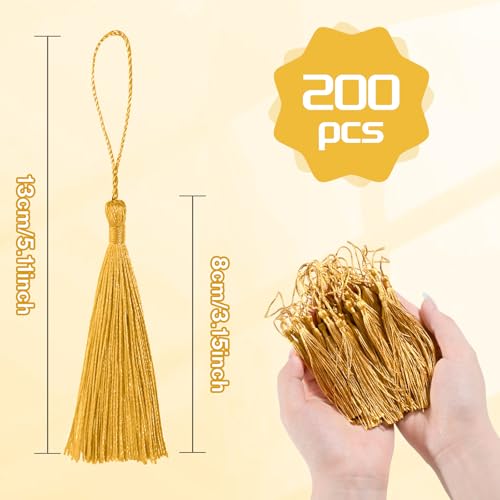 Bouiexye 200pcs Bookmark Tassels Bulk 5 Inch Silky Soft Handmade Tassels for Crafts, DIY Jewelry Making, Gift Decorations,Gold - color: Gold