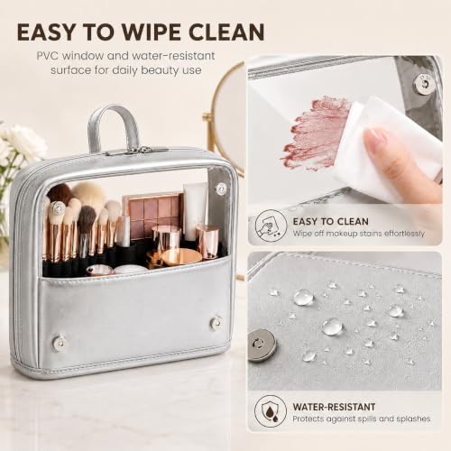 YDR Standing Makeup Brush Bag - Clear Portable Travel Cosmetic Pouch, Large Capacity Foldable Makeup Brush Holder, Water-Resistant Professional Makeup Tool Case for Women & Artists (Silver) - color: silver