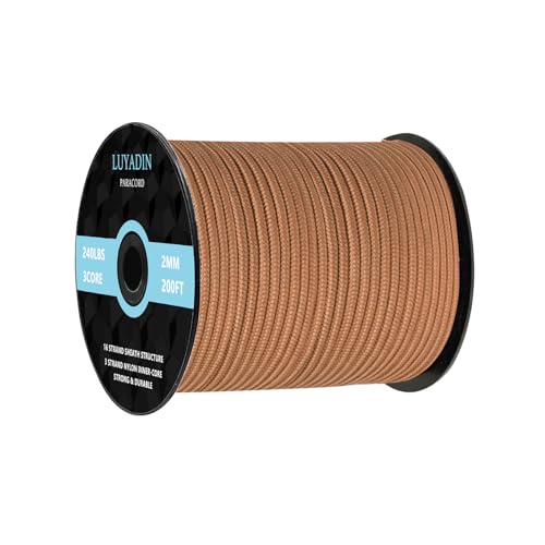 Paracord 240lb - Diameter 2mm Micro Utility Cord -3 Strand Parachute Spool Cord - 100ft 200ft,Paracord for Camping,Hiking,Fishing,Outdoor and DIY - color: Brown, size: 200 ft