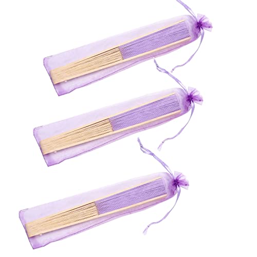 50pcs Paper Hand Fan with Organza Bags Bamboo Handheld Folding Fan DIY Decorative Wedding Party Favors (Light Purple) - color: Light Purple