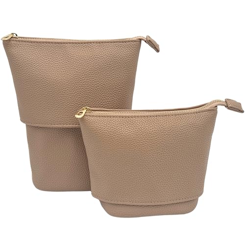 JAZD Convertible Travel Makeup Brush Bag, Stand-Up Brush Holder Pouch For Easy Access, Cosmetic Case Organizer (BEIGE) - color: BEIGE