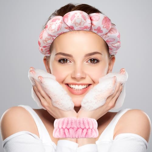 Zkptops Spa Headband for Washing Face Wristband Set Sponge Makeup Skincare Velvet Fabric Bubble Soft Get Ready Hairbands for Women Puffy Headwear Non Slip Thick Thin Hair Accessory(Pink Bow) - color: ZYE Pink Bow
