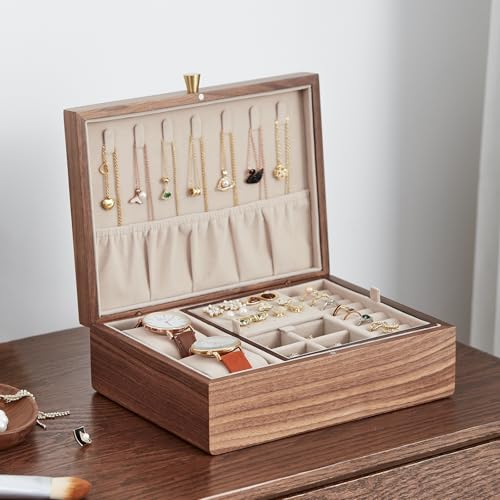 Black Walnut Wooden Jewelry Box for Women with Removable Tray - style: 2 Layer A