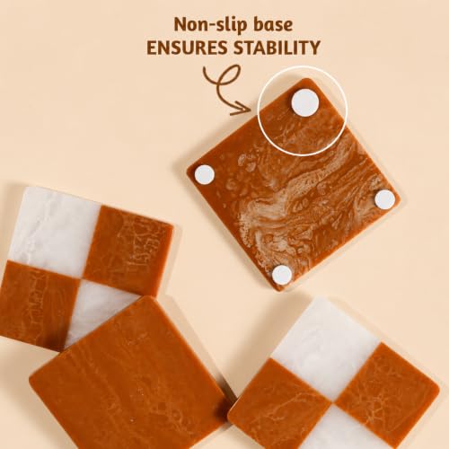 Folkulture Cute Fall Coasters, Set of 4, Non Slip, Easy to Clean - 4 Inch - color: Checkered - Rust