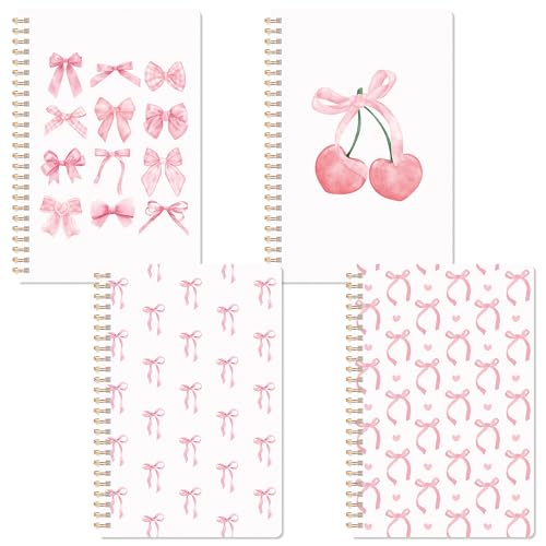 CNhoqc Pink Spiral Journal Notebook, 4Pcs A5 Watercolor Coquette Bow Cherry - color: 4-Pcs Pink Bow-A