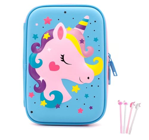 Surpop 3D EVA Unicorn Pencil Case for Girls with 4 Pens, Unicorn2 Blue - color: Unicorn2 blue