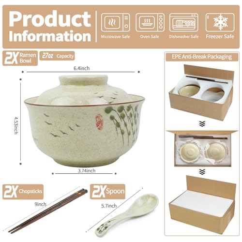 Ceramic Ramen Bowl Set of 2, Ramen Noodle Bowl with Lid 27oz Japanese Retro Style Soup, Pho, Udon Bowls, Matching Spoons and Chopsticks for Microwave & Dishwasher Safe, Twig - color: Twig, size: 2 Pcs