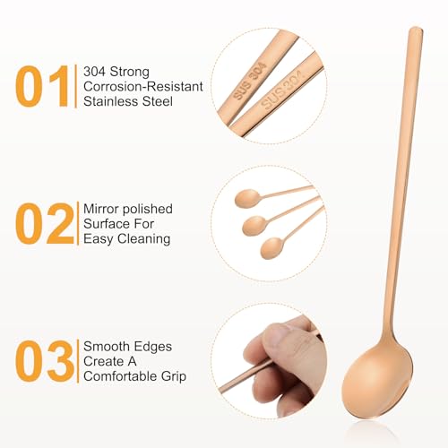 HARFINGTON 6pcs Tea Stirring Spoons 6"(15cm) 304 Stainless Steel Round Soup Spoon with Long Handles for Espresso Sugar Dessert Cereal Ice Cream Cocktail Coffee Bar Accessories, Rose Gold - color: Rose Gold, size: 6"