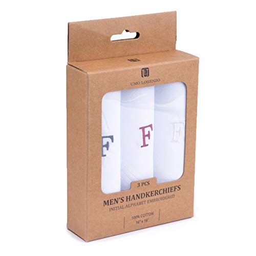 Initial Handkerchief for Men, Monogrammed Boxed 3 Piece Set,100% Cotton - color: F Initial