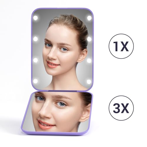 Kintion Pocket Mirror, 1X/3X Magnification LED Compact Mirror (Purple) - color: Purple