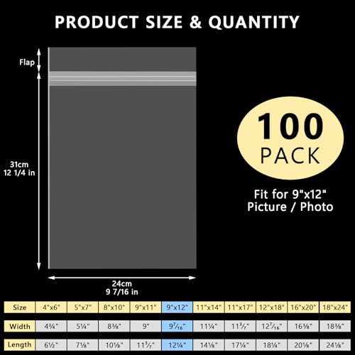 AUEAR 9"x12" Clear Plastic Sleeves Storage Bags for Art,Pictures, 100 Pack - size: 9 x 12 inches
