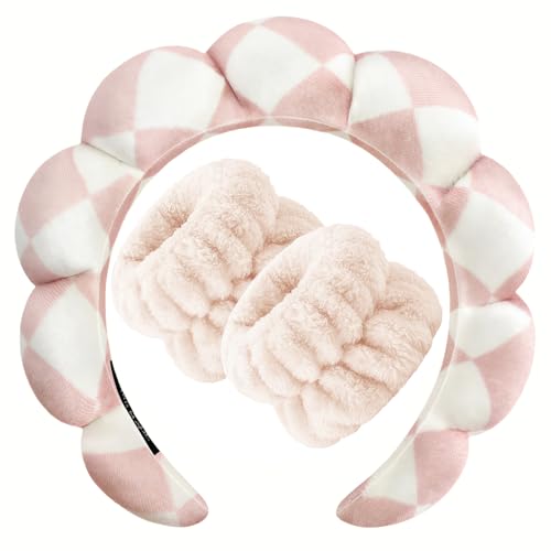 Zkptops Spa Headband for Washing Face Wristband Set Sponge Makeup Skincare Velvet Fabric Bubble Soft Get Ready Hairbands for Women Puffy Headwear Non Slip Thick Thin Hair Accessory (Checkered) - color: ZYE Checkered