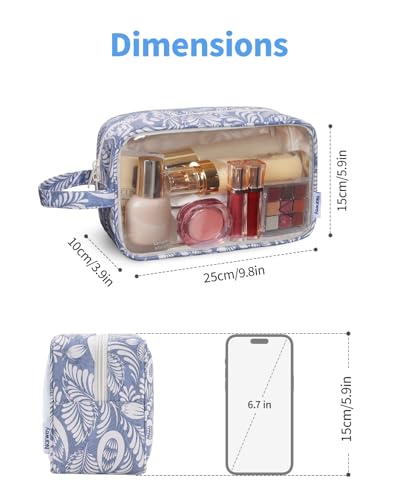 Narwey Clear Toiletry Bag for Women, Clear Cosmetic Makeup Bag for Travel - color: Blue Leaf