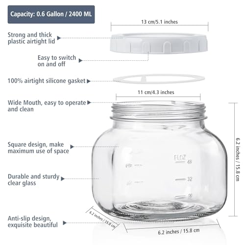 0.6Gal Airtight Glass Jar with Lid, Wide Mouth Mason Jar for Storage, 2 Pcs - size: 0.6 Gallon