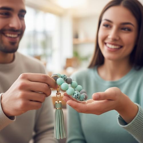 BIHRTC Key Ring Bracelet Car Keychain Holder Wristlet Silicone Women Beaded Bangle Chains - color: Mint Green