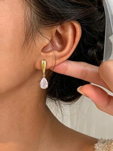 Pearl Earrings for Women,14K Gold/Silver Plated Dangle Drop Earrings - color: Gold-CZ