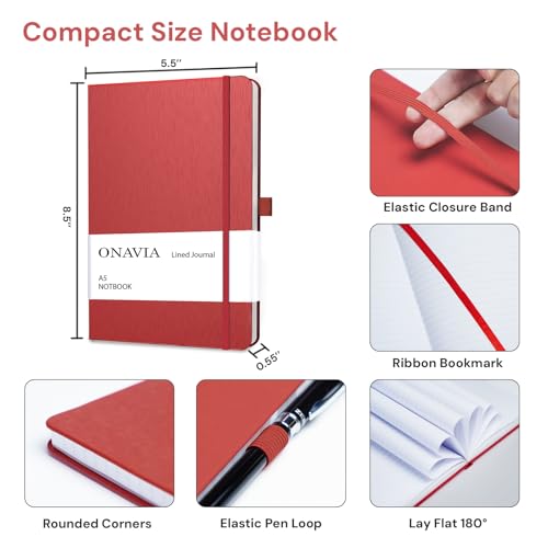 ONAVIA A5 Notebooks for Work, Lined Journal, 160 Pages, Red - color: Red